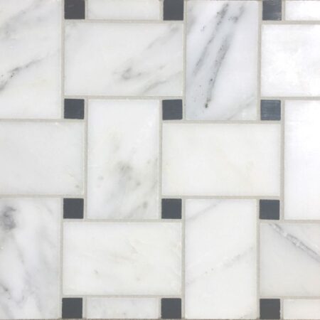 Grandview – Hudson White | Marble - Basketweave Mosaic w/ Black Dot | Honed