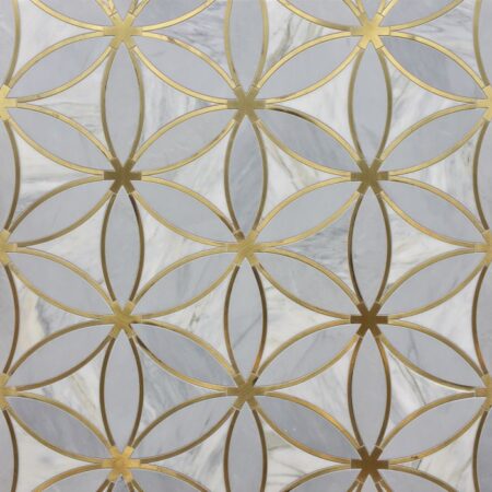Pacifica Blue, Light Bardiglio & Brushed Brass | Marble - Decorative Waterjet Mosaic