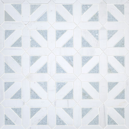 Grandview - Carlyle White | Marble - Petite Parquet Mosaic w/ Cambridge Blue | Honed