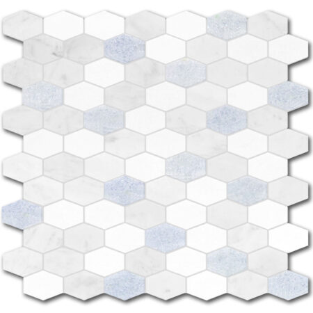 Blue Celeste | Marble - Elongated Hex Mix Mosaic w/ White Cararra & Thassos | Polished (3/8" Thick)