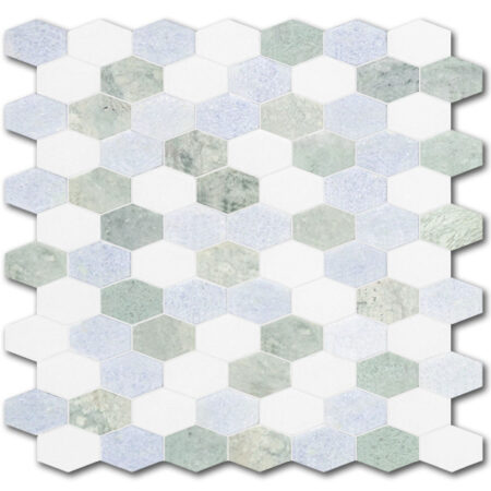 Blue Celeste | Marble - Elongated Hex Mix Mosaic w/ Ming Green & Thassos | Polished (3/8" Thick)