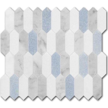 Blue Celeste | Marble - 1x3 in. Picket Mix Mosaic w/ White Carrara & Thassos | Polished (3/8" Thick)