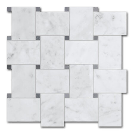 Bianco Carrara | Marble - Grand Basketweave Mosaic w/ Polished Bardiglio Dot | Honed