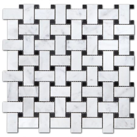 Bianco Carrara | Marble - Basketweave Mosaic w/ Nero Dot | Polished