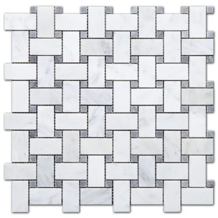 Bianco Carrara | Marble - Basketweave Mosaic w/ Bardiglio Dot | Honed/Polished