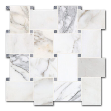 Calacatta | Marble - Grand Basketweave Mosaic w/Grey Dot | Honed