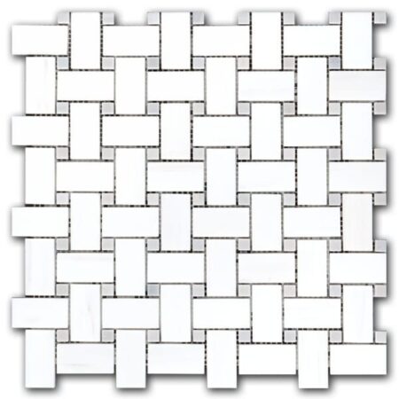 Bianco Dolomite Extra | Marble - Basketweave Mosaic w/ Grey Dot | Honed/Polished