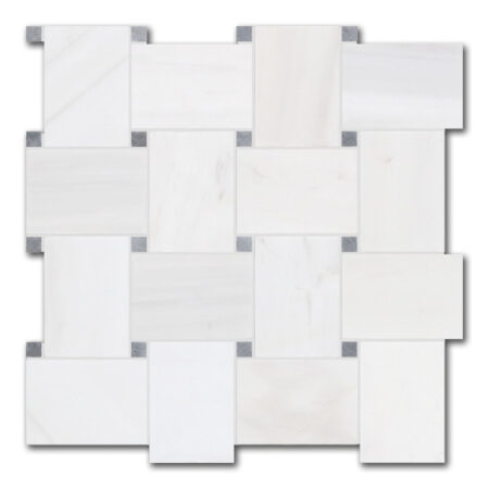 Bianco Dolomite Extra | Marble - Grand Basketweave Mosaic w/Polished Grey Dot | Honed