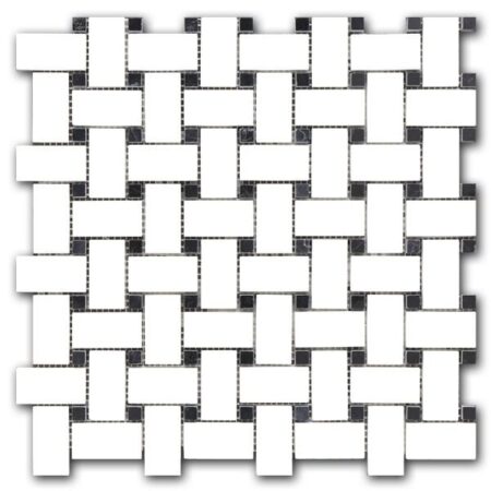 Thassos Select | Marble - Basketweave Mosaic - w/Nero Marquina Dot | Polished