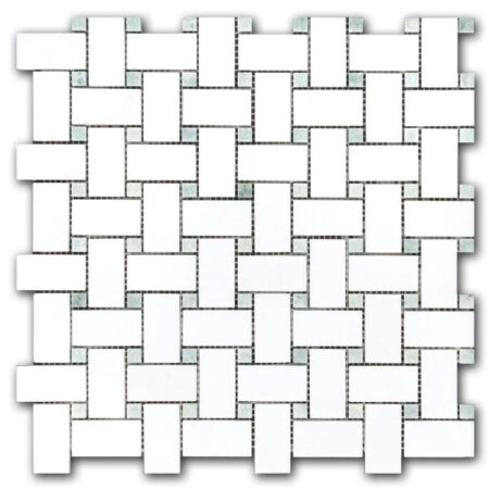 Thassos Select | Marble - Basketweave Mosaic w/ Ming Green Dot | Polished
