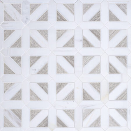Grandview - Carlyle White | Marble - Petite Parquet Mosaic w/ Batten Dove | Honed