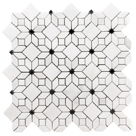 White Snow | Marble - Jasmine Flower 4 Mosaic w/ Black Dot | Polished