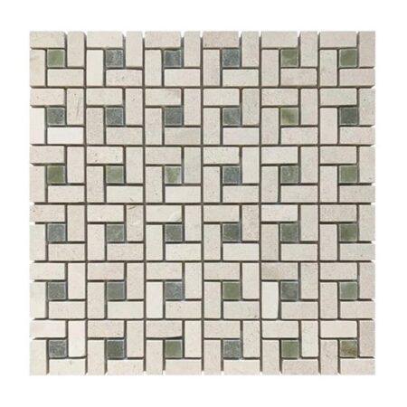 Crema Lyon | Marble - Pinwheel Mosaic w/ Verde Laguna Dot | Honed/Polished