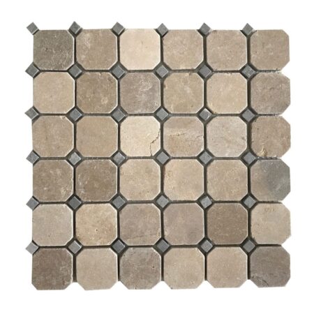Gold Lagoon | Limestone - Octagon Mosaic w/ Blue Lagoon Dot | Tumbled