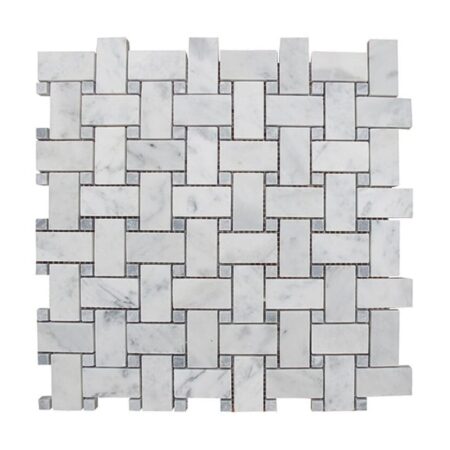 White Carrara Venatino | Basketweave Mosaic w/ Grey Mist Dot | Honed