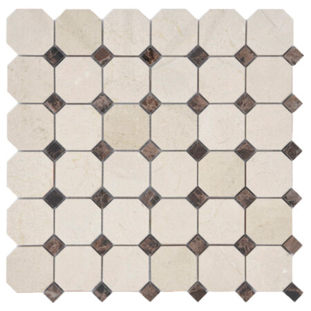 Crema Marfil | 2x2 in. Octagon Mosaic w/ Brown Emperador Dark Dot | Polished