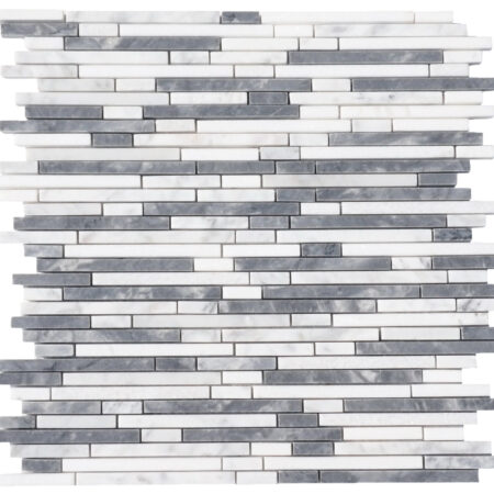 White Carrara | Rainfall 1/4 in. Mixed Length Mosaic w/ Grey Mist & White Thassos | Polished