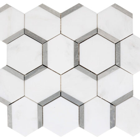 White Statuary | Marble - 3in. Honeycomb Hexagon Mosaic w/ Blue Stratta Limestone | Honed