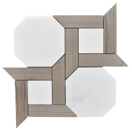 White Statuary | Marble - Cambridge Hexagon Mosaic w/ Brown Stratta Bars | Honed