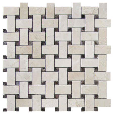 Crema Marfil | Basketweave Mosaic w/ Brown Emperador Dark Dot | Polished