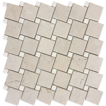 Crema Marfil | 2x2 in. Offset Mosaic w/ White Thassos Dot | Tumbled