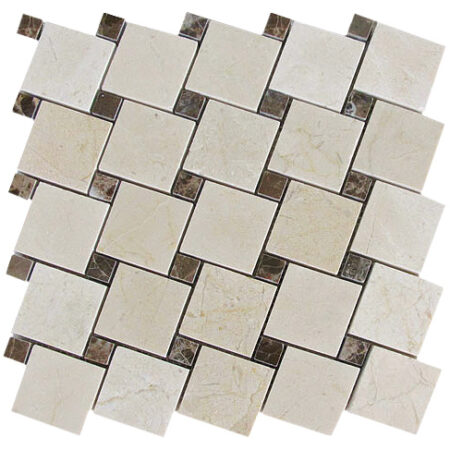 Crema Marfil | 2x2 in. Offset Mosaic w/ Brown Emperador Dark Dot | Polished