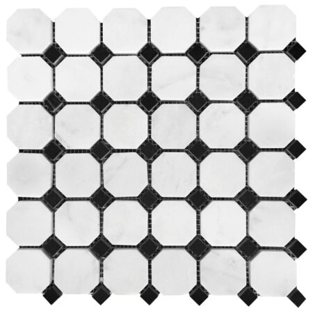 White Statuary | Marble - 2x2 in. Octagon Mosaic w/ Nero Marquina Dot | Honed/Polished