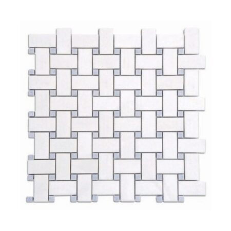 White Thassos | Marble - Basketweave Mosaic w/ Blue Celeste Dot | Polished