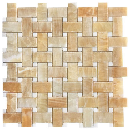 Golden Honey | Onyx - Basketweave Mosaic w/White Dot | Polished
