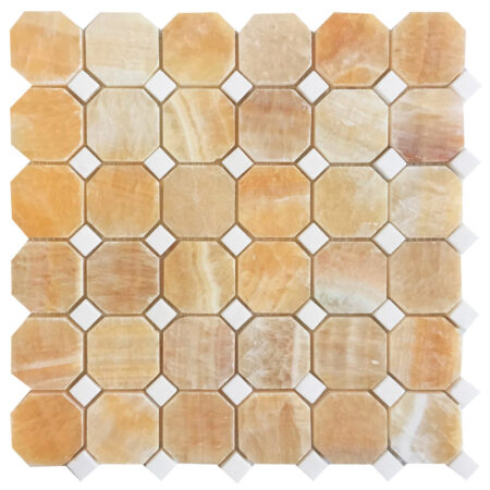 Golden Honey | Onyx - Octagon Mosaic w/White Thassos Dot | Polished
