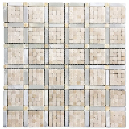 Crema Marfil | Onyx - Vetro 3/8x3/8 in. w/ White Persian Cloud & Golden Honey Dot | Polished