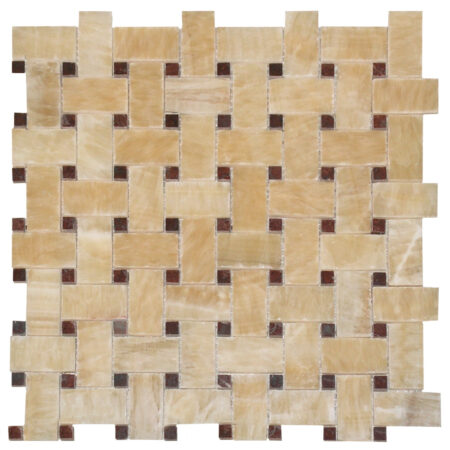 Golden Honey | Onyx - Basketweave Mosaic - w/ Maroon Marble Dot | Polished