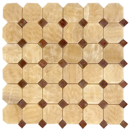 Golden Honey | Onyx - Octagon Mosaic w/ Maroon Marble Dot | Polished