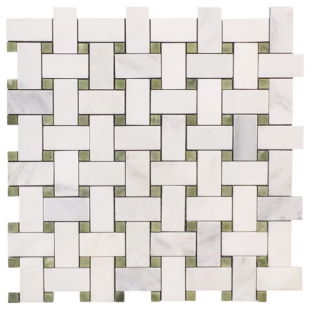 White Statuary Calacatta | Basketweave Mosaic - w/ Green Olivine Dot | Polished