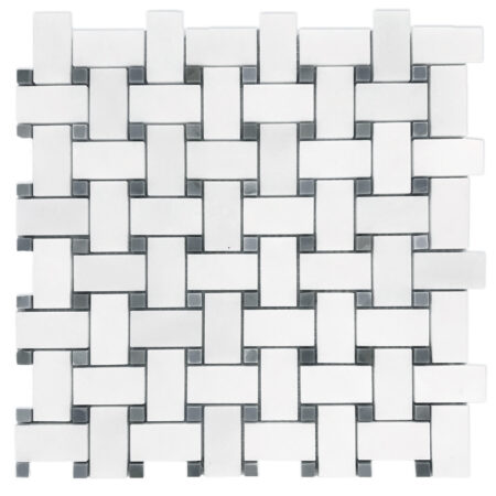 Blue Saveh | Marble - Basketweave Mosaic - White Snow w/ Blue Saveh Dot | Polished
